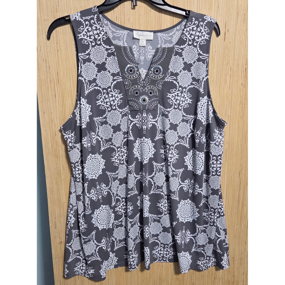 Magnolia Grace Gray White Medallion Sequin Embellished Tank Top 2X